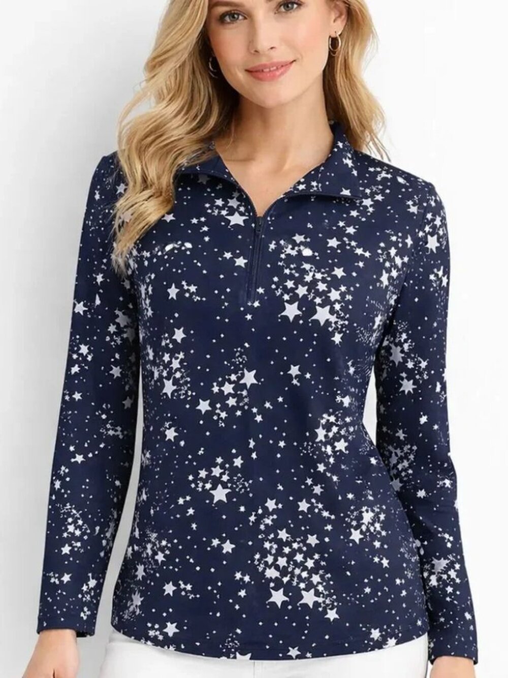 Chico's Navy and White Star-Print Stretch Quarter Zip Top Size Large